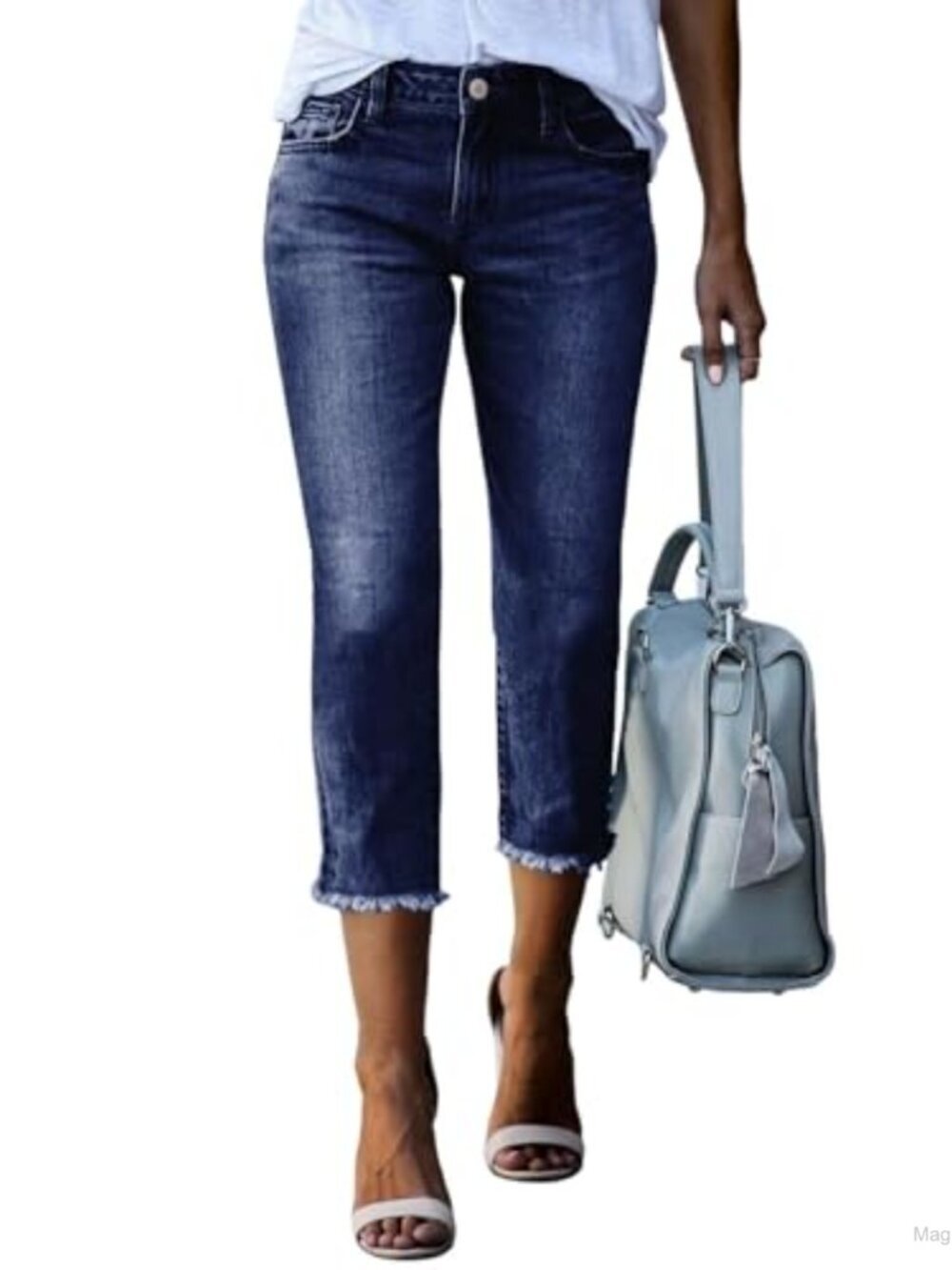 High Waisted Straight Leg Capri Jeans Raw Hem Stretchy Cotton Blend